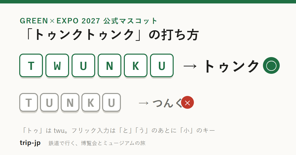 キーボードのキー T・W・U・N・K・U を並べて「トゥンク」と出る図と、T・U・N・K・U だと「つんく」になる図