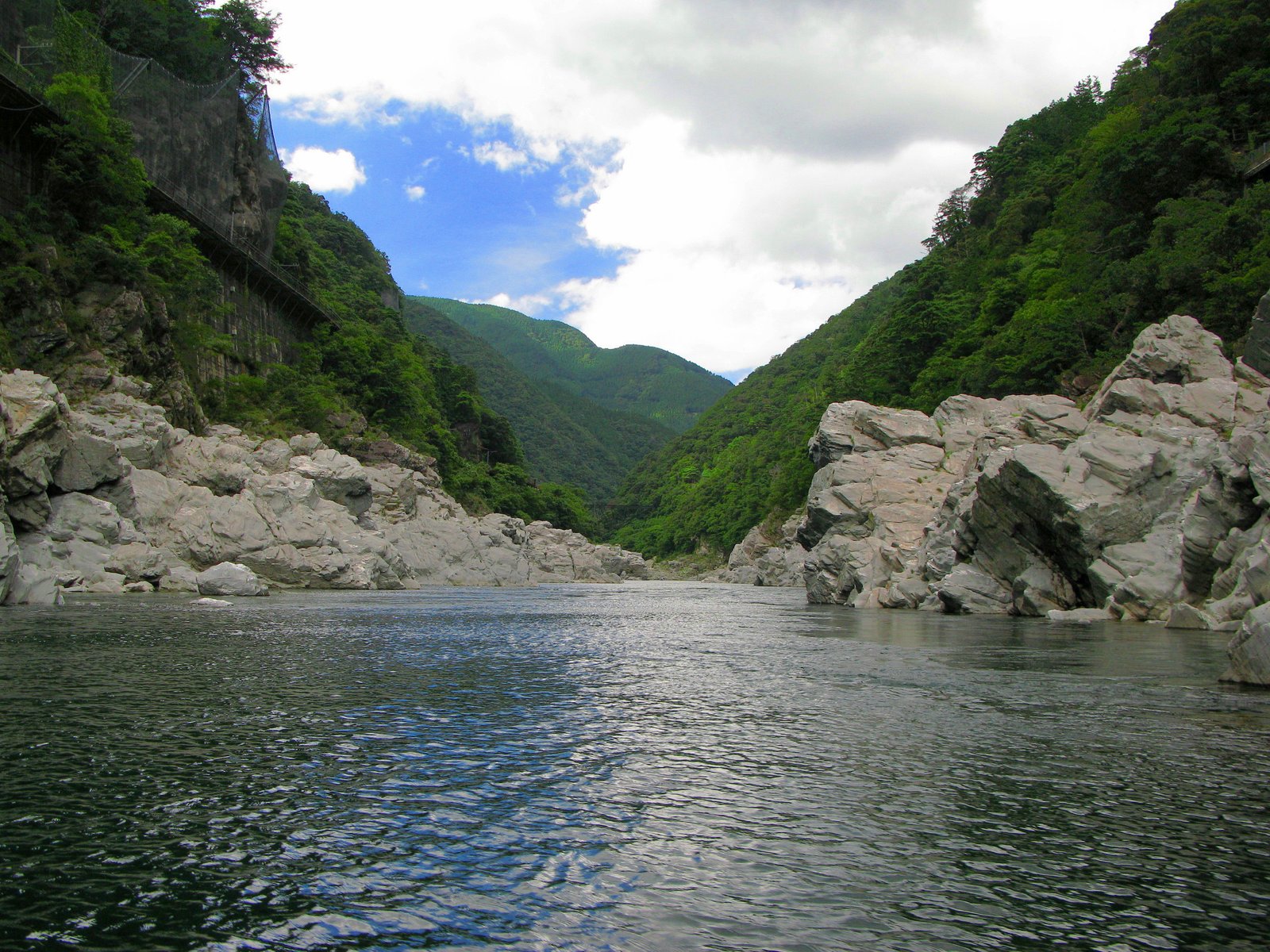 吉野川の大歩危峡。白い岩が両岸にせり出し、緑の山に挟まれた青緑色の川を遊覧船の上から見ている