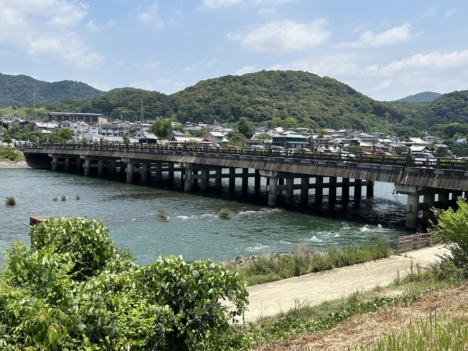 宇治川に架かる宇治橋を左岸から見た写真。擬宝珠のついた欄干の長い橋で、対岸に宇治の町並みと緑の山が見える