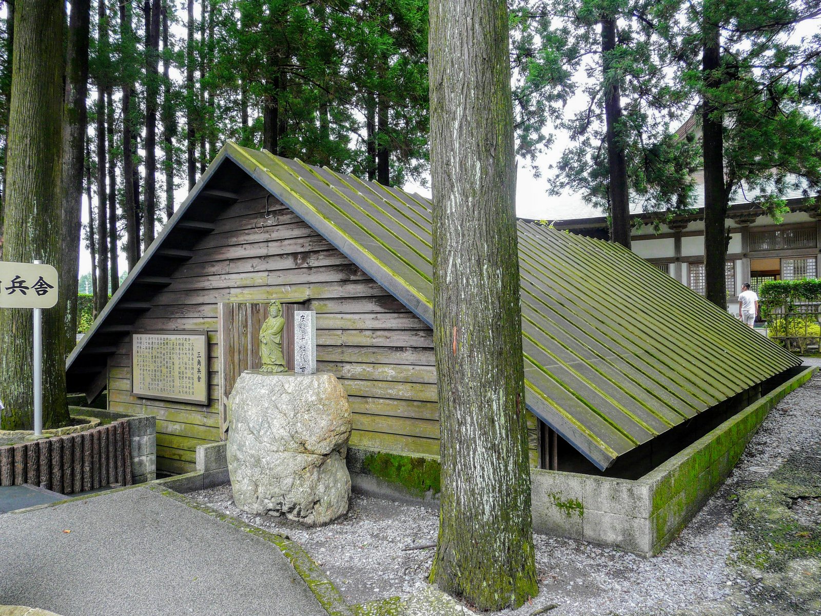 知覧特攻平和会館の敷地に展示されている三角兵舎のレプリカ。杉木立の中に、苔の生えた板張りの屋根を地面近くまで下ろした木造の小屋が建っている
