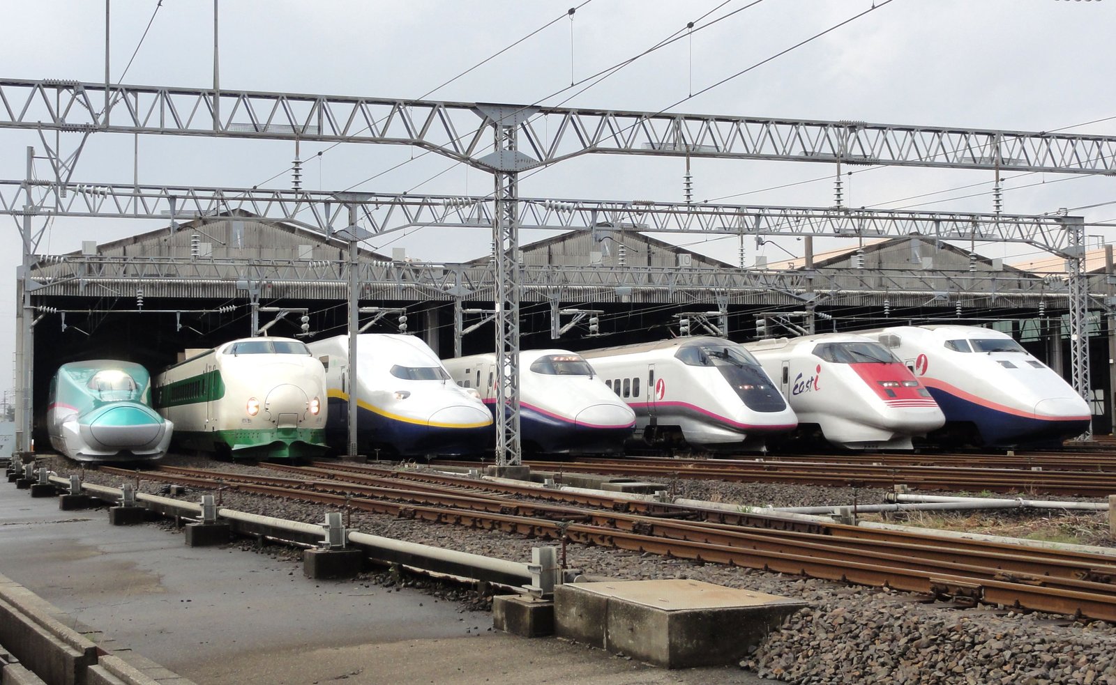 車両基地の建屋の前に横一列に並んだJR東日本の新幹線7本。緑・白・黄色の帯の先頭車が並び、右から2両目が赤い帯のEast i
