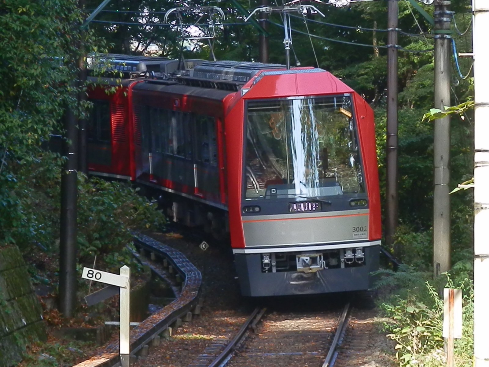 80‰ の勾配標識の横を登る赤い箱根登山電車