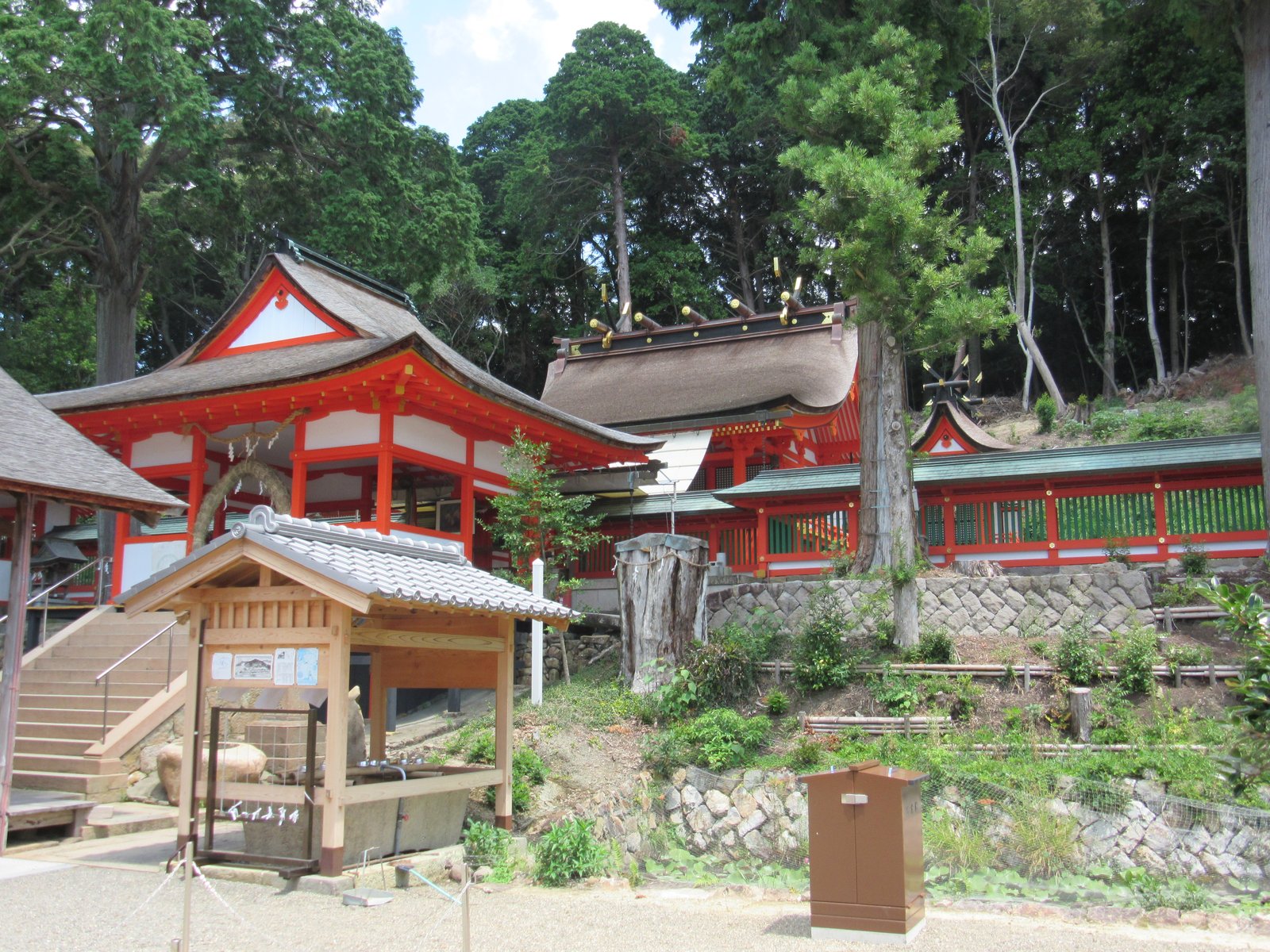広八幡神社の境内。朱塗りの柱の社殿が並び、手前に木造の手水舎、奥に高い杉の木立がある