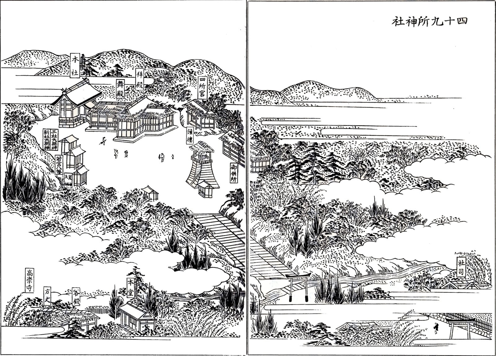 江戸時代の地誌に描かれた四十九所神社の見開きの図。山を背に本社・拝殿・舞殿・鐘楼などの建物が並び、右の頁に鳥居と社司の家が描かれている