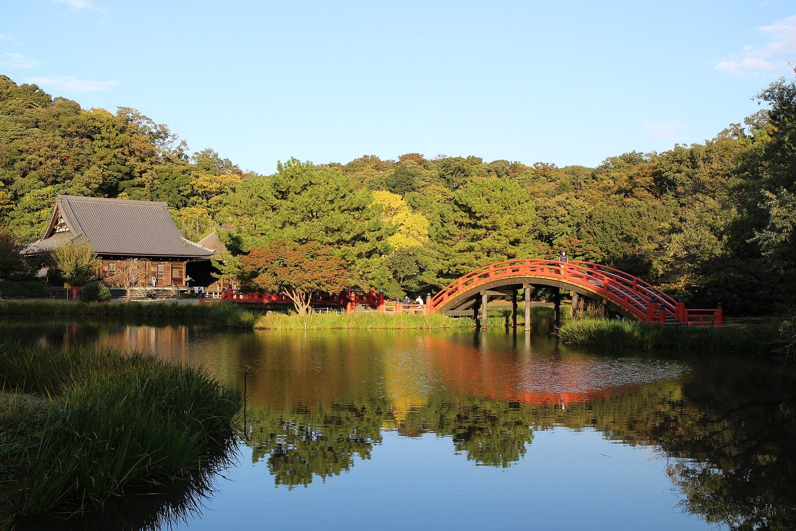 称名寺の阿字ヶ池にかかる朱色の反橋と平橋。池に橋と金堂が映り込んでいる