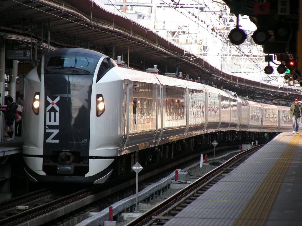 横浜駅のホームに停車する成田エクスプレス E259系。白い車体に黒い顔、N'EX のロゴ