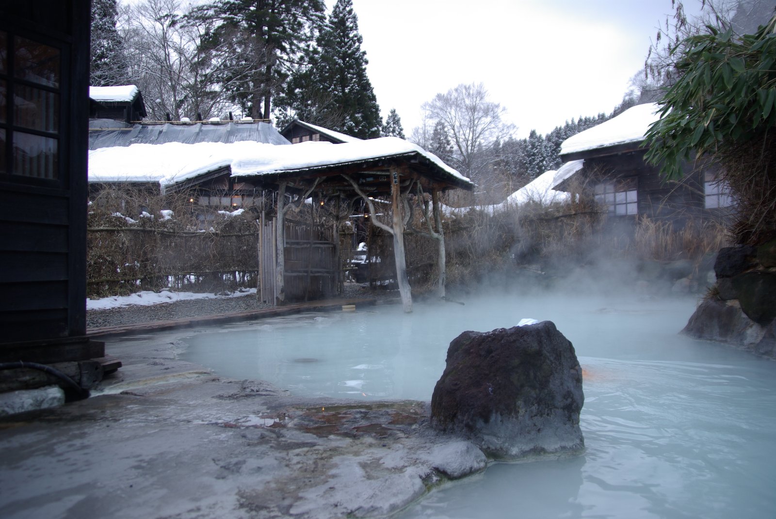 冬の雪景色の中の鶴の湯温泉。屋根に雪が厚く積もった木造の建物が並び、周りの地面も木々も雪で白くおおわれている