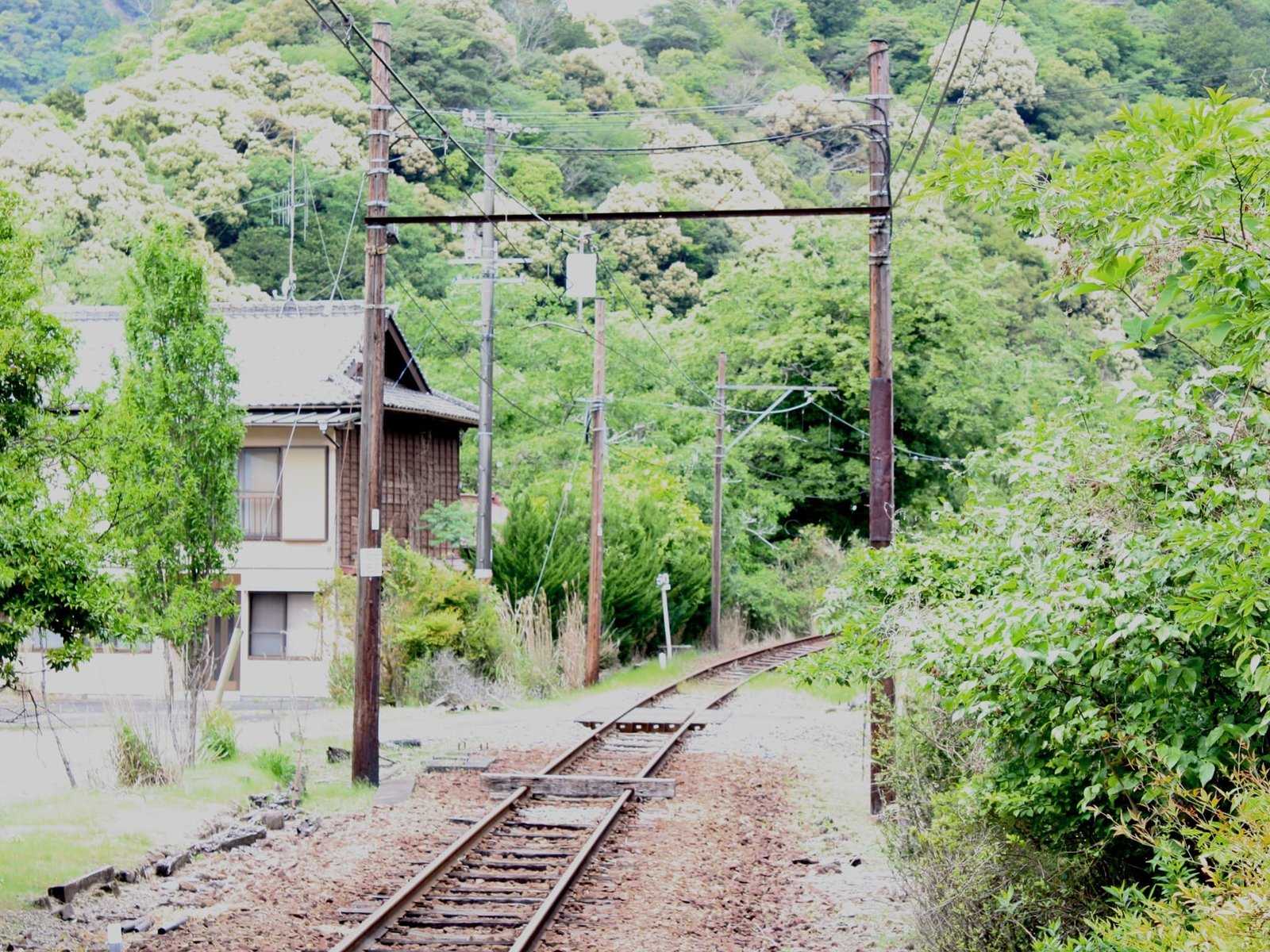 川根温泉笹間渡駅の千頭側。1 本の線路の先に車止めが置かれ、まわりは新緑の山と木造の民家