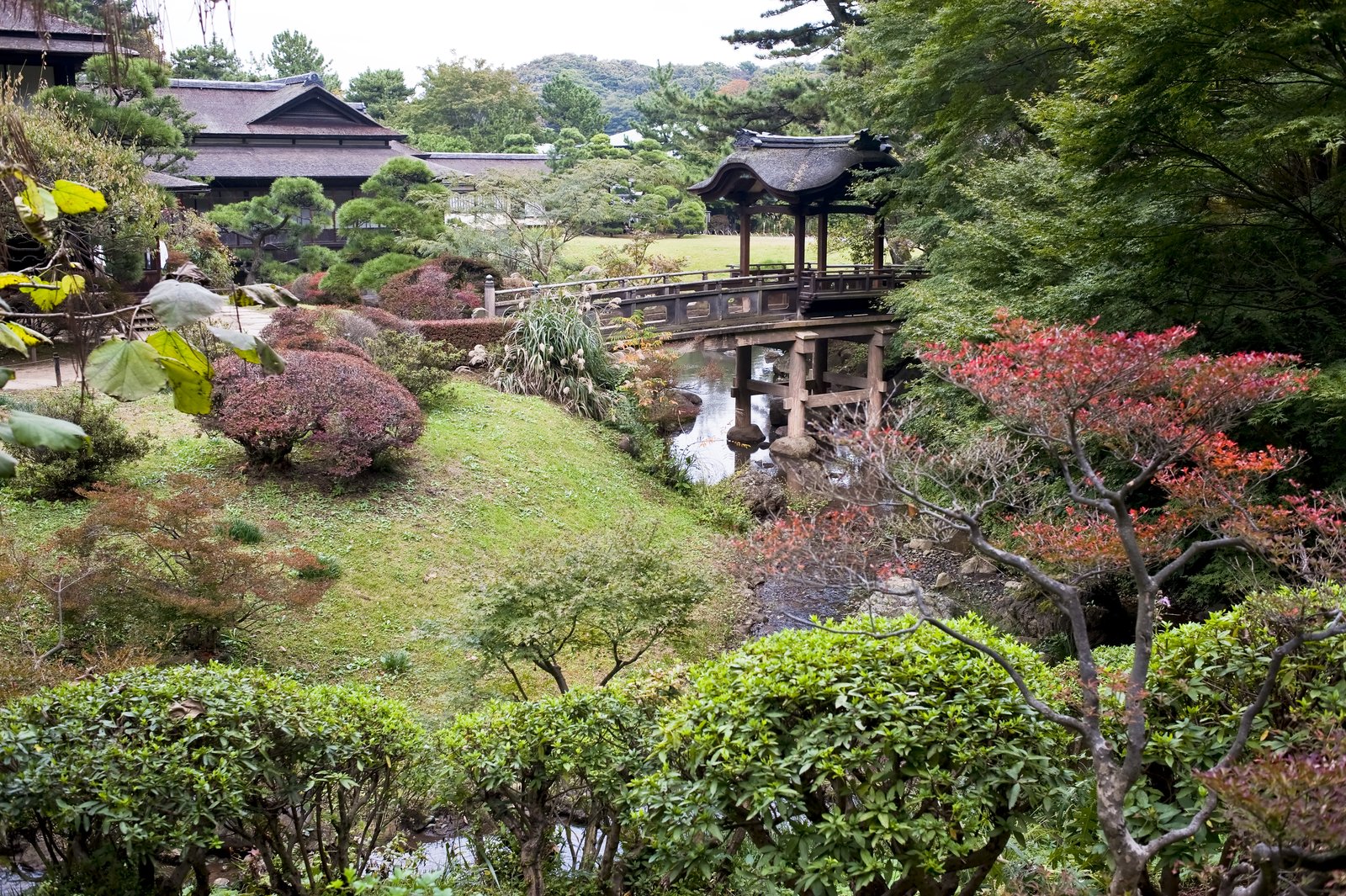 池のほとりに立つ臨春閣と、茅葺屋根の亭榭橋、紅葉した木々