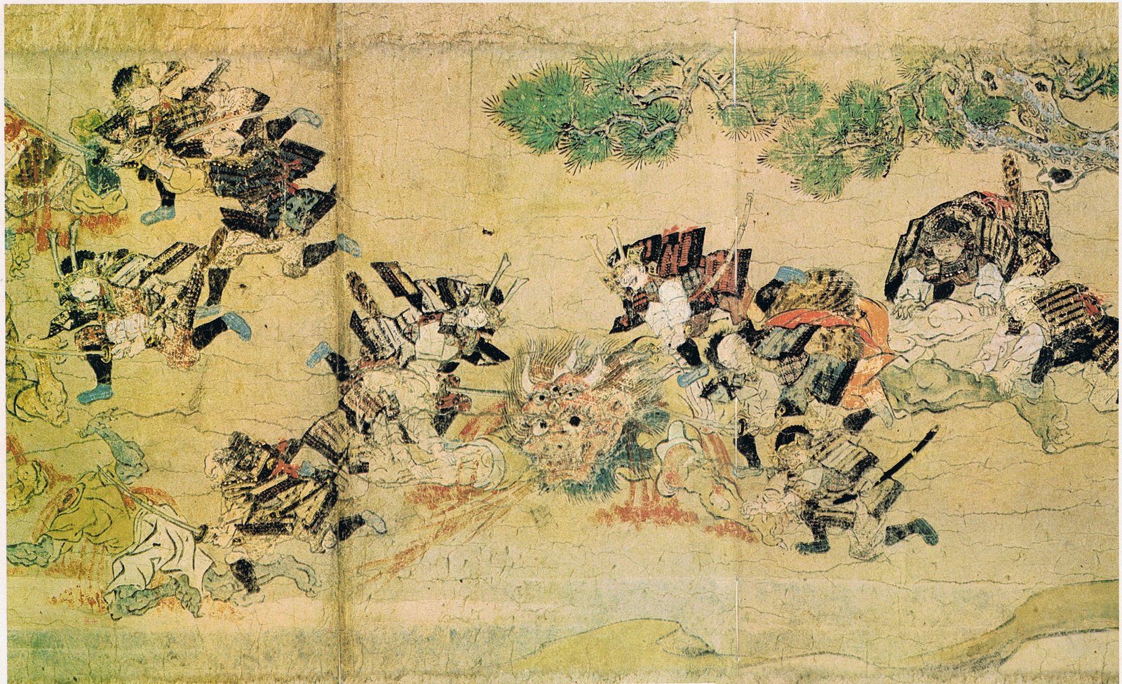 『大江山絵巻』の一場面。鎧姿の武士たちが刀を抜いて取り囲み、中央に角のある赤い鬼の首がある。上に松の枝が描かれている