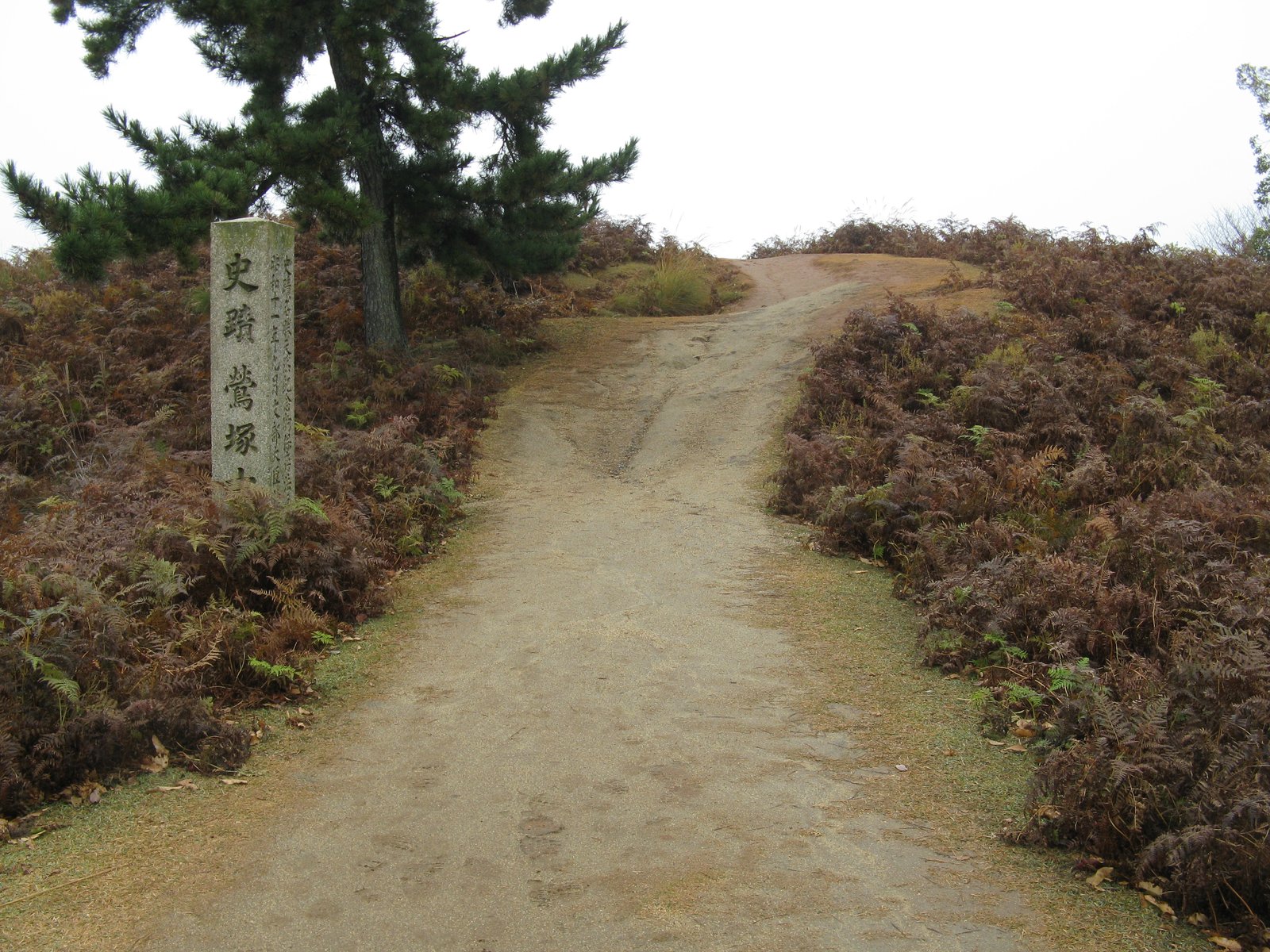 若草山の山頂の鶯塚古墳。「史蹟 鶯塚古墳」と彫られた石碑が松の木の下に立ち、土の道が墳丘へ上っている