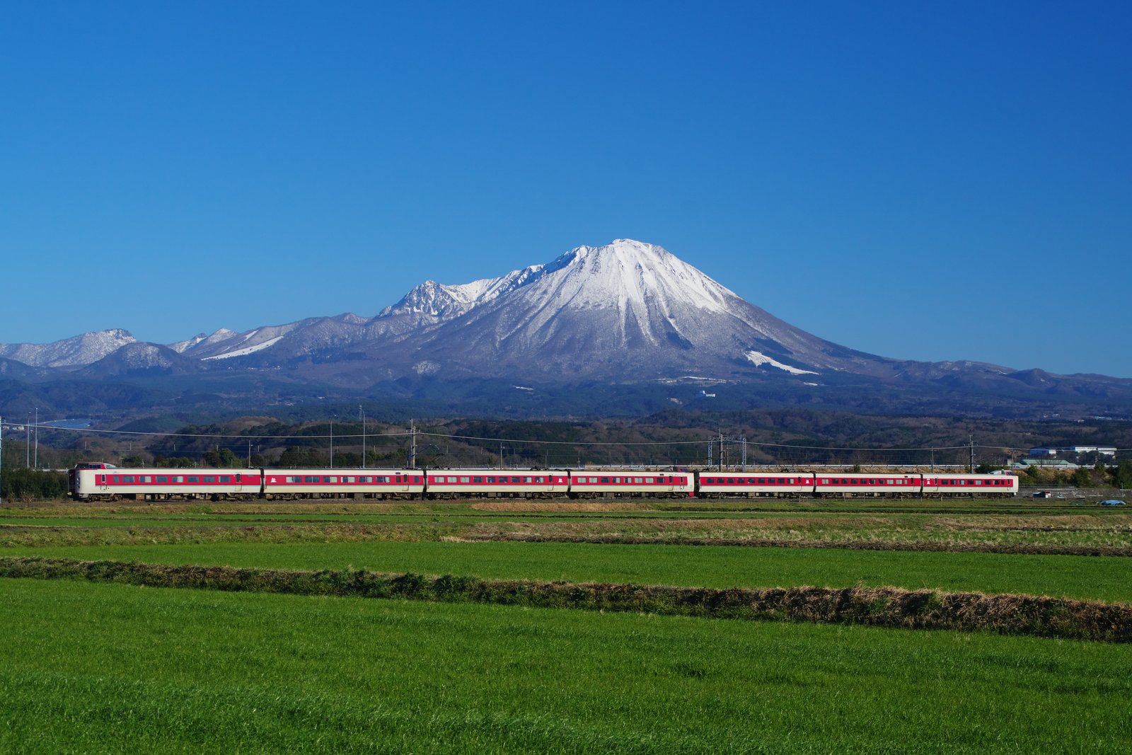 雪をかぶった大山を背に伯備線を走る381系のやくも。白と赤の「ゆったりやくも色」の編成で、手前に緑の田んぼが広がる