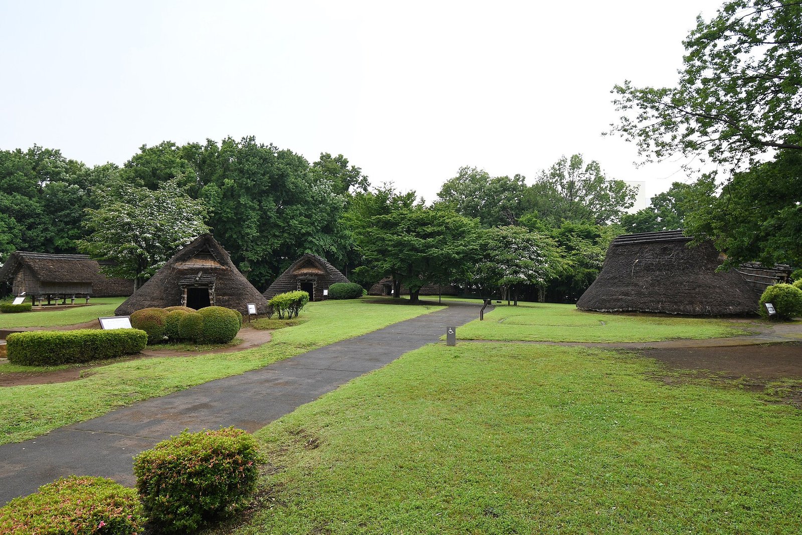 大塚・歳勝土遺跡公園に復元された竪穴住居群。芝生の広場に茅葺き屋根の住居が点在する