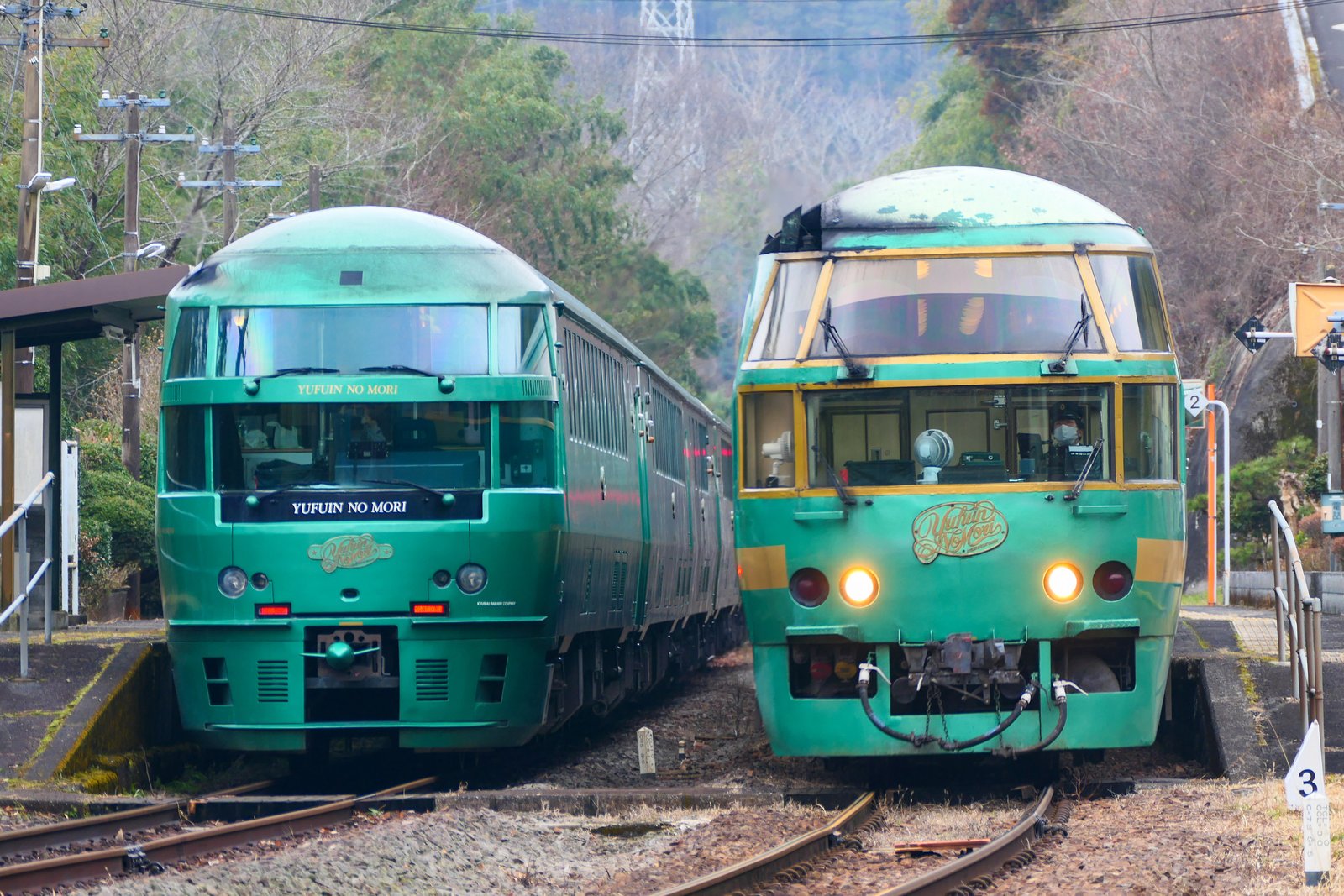 久大本線の駅で並んで停まる、緑色の特急「ゆふいんの森」2編成。左は前面に黒い帯と「YUFUIN NO MORI」の文字があるⅢ世、右は前面の窓まわりに金色の縁取りがあるⅠ世