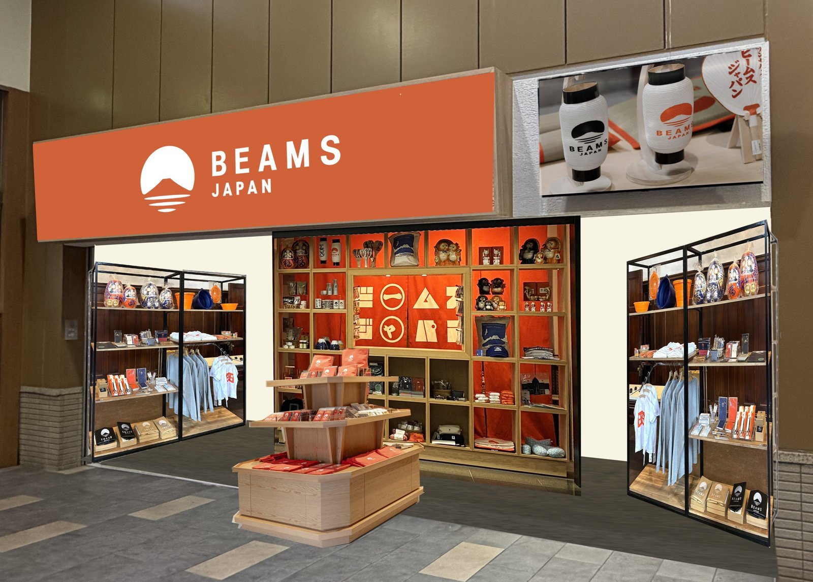 オレンジ色の看板にBEAMS JAPANの文字が入った店の入口。棚に土産の品が並ぶ