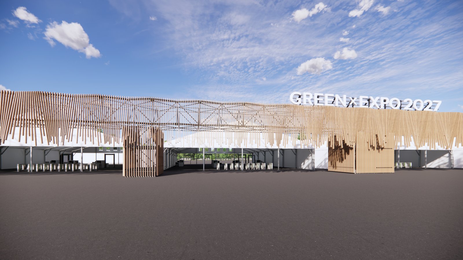 木材と鉄骨を組み合わせたGREEN×EXPO 2027メインゲートの完成イメージ。大阪・関西万博のパビリオンの外装材をリユースする