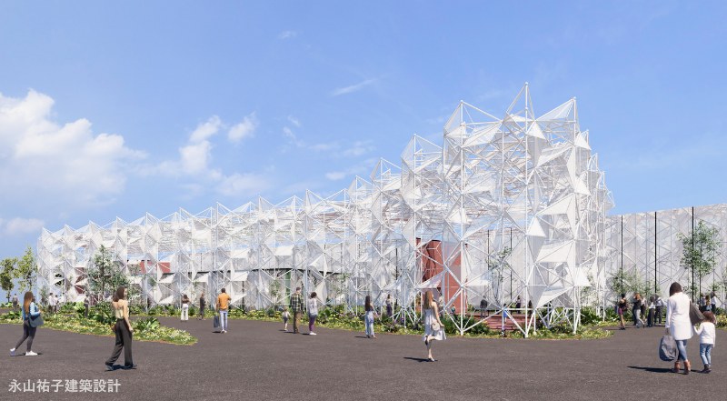 屋内出展施設「はなめぐり」の完成イメージ。白い立体格子の組子ファサードが建物全体を覆い、前の広場を人が歩いている