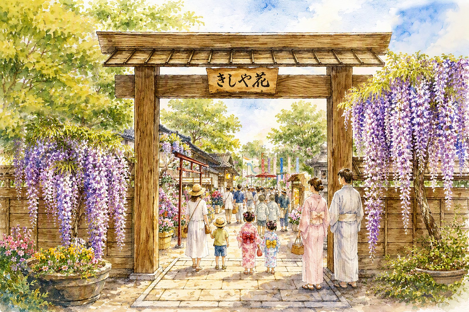 園芸文化館「いろはにわ」の「江戸の植木屋・花屋敷」入口のイメージ。木の門に藤の花が下がり、着物姿の人々がくぐっている絵