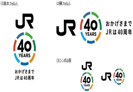 JR発足40周年記念ロゴマークの3つの形。JRの文字の下に、色分けされた輪の中に40 YEARSと書いた図形と「おかげさまで JRは40周年」の文字を置く基本フォルム、それを横に並べた横フォルム、文字を除いたシンボル版