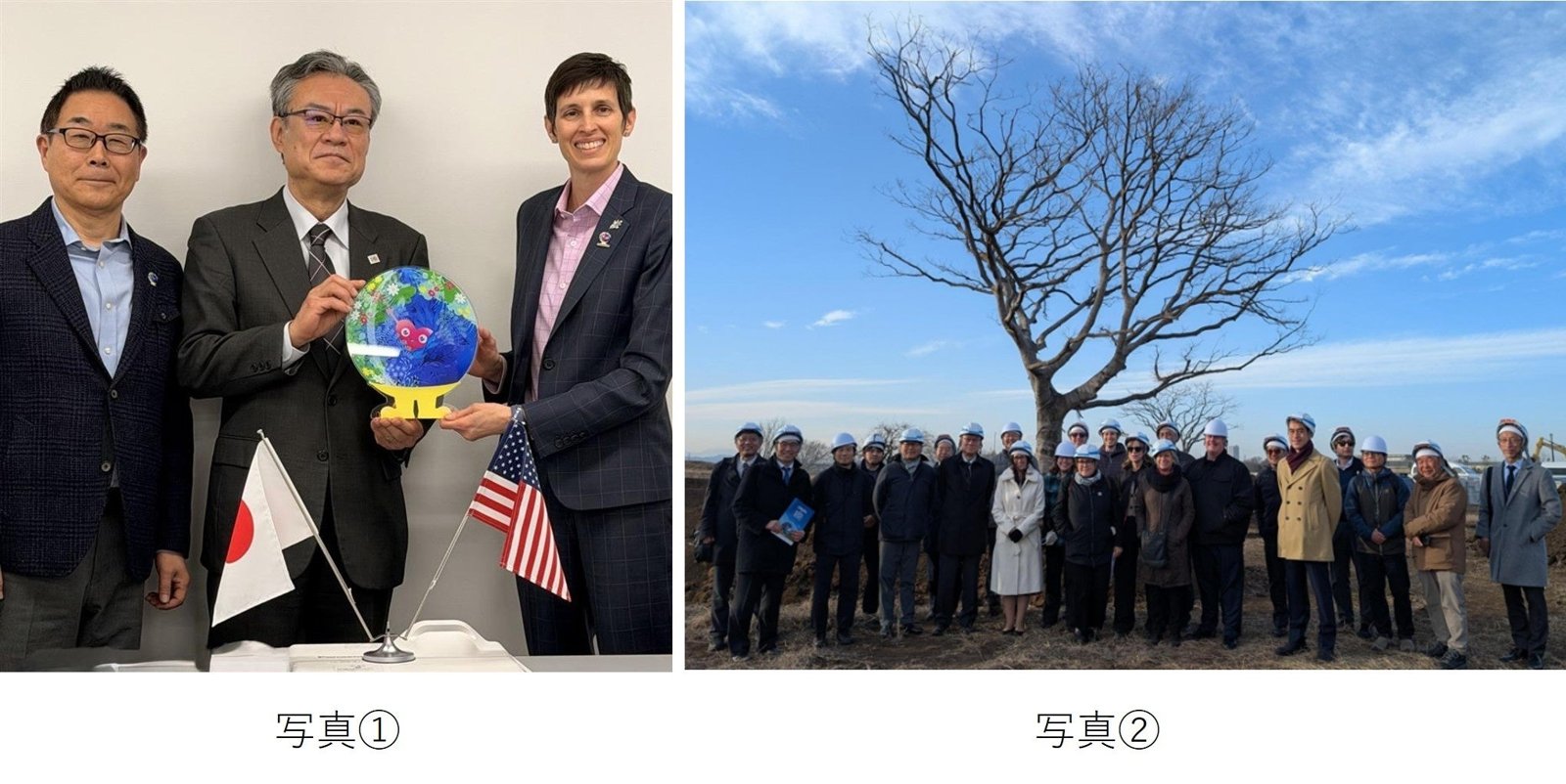 写真1: 米国植物園のペル事務局長の来訪を歓迎する協会の河村事務総長と越川政府委員。写真2: 会場予定地を訪れた米国出展デザインチームと関係者