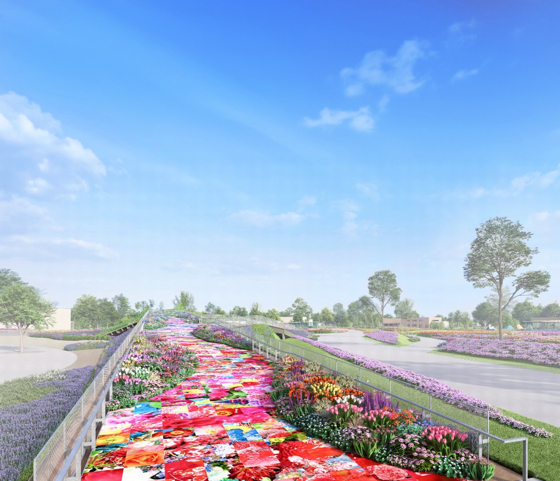 TAISEI GREEN TERRACE の上部のイメージ。赤や桃色の花の写真と生きた花が敷き詰められた細い通路が、青空に向かって伸びている