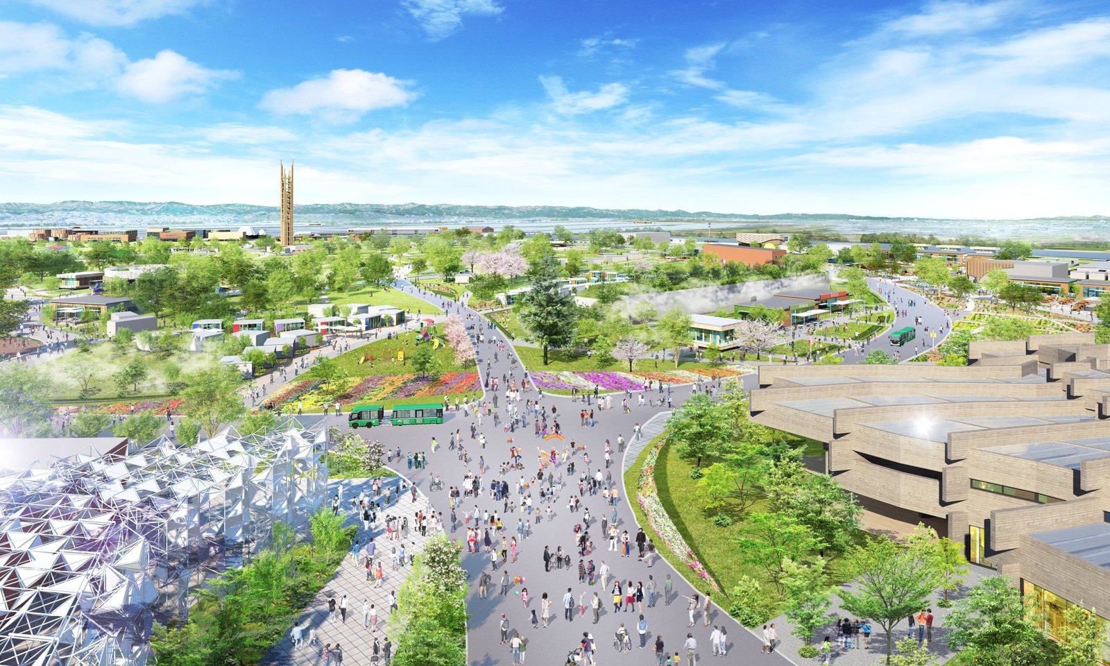 GREEN×EXPO 2027会場の鳥瞰イメージ図。中央の並木道の両側に展示施設と花壇が並び、奥に高い塔が立つ