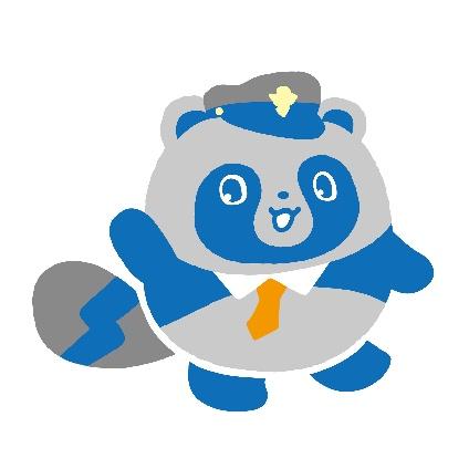 候補C。青と灰色のたぬきが制帽をかぶってオレンジのネクタイを締め、片手を上げている。しっぽに稲妻の形の模様
